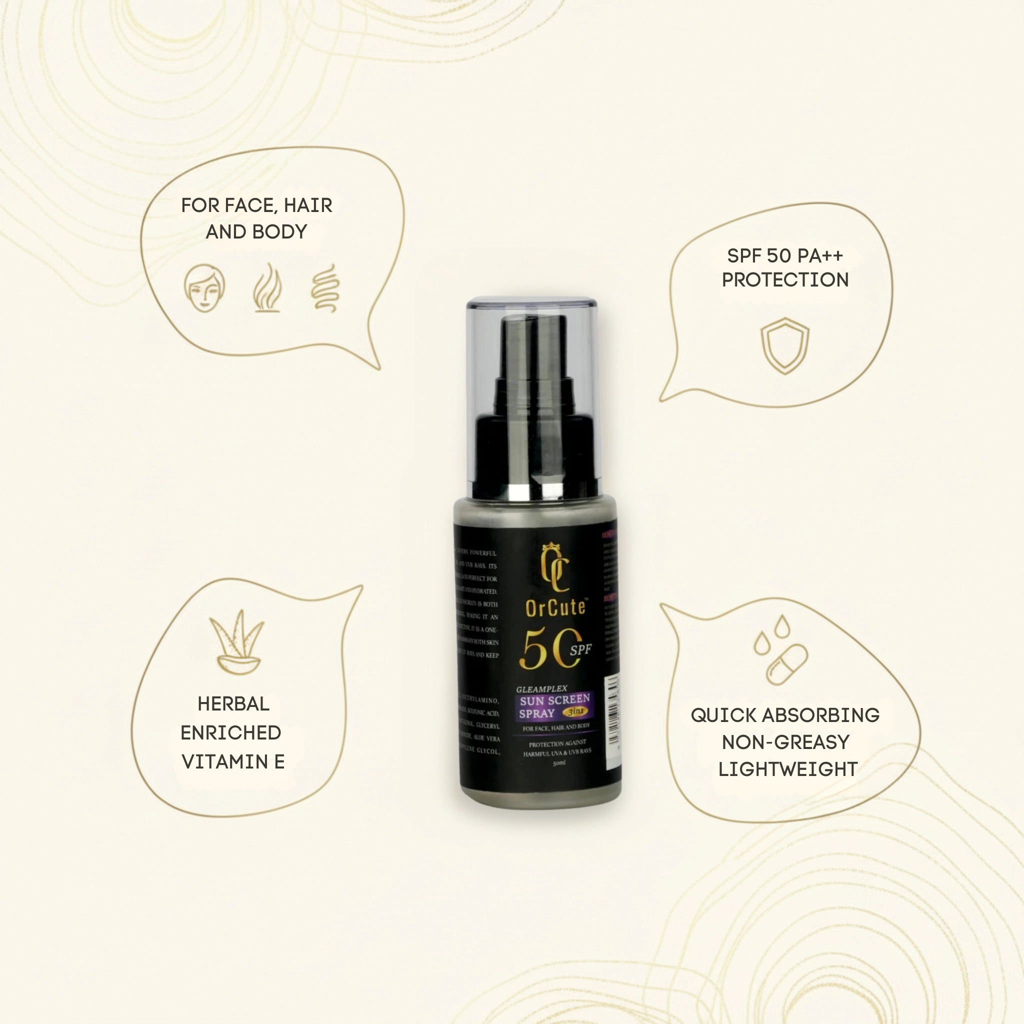 OrCute Gleamplex 3-in-1 Spray Sunscreen SPF 50+ (Face, Hair & Body)