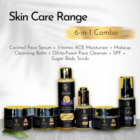 OrCute Complete Skincare Ritual – 6-in-1 Combo - Cocktail Face Serum + Vitamin ACE Moisturizer + Makeup Cleansing Balm + Oil-to-Foam Face Cleanser + SPF + Sugar Body Scrub