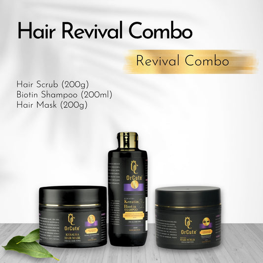 OrCute Hair Revival Combo - Hair Scrub (200g) + Keratin &amp; Biotin Shampoo (200ml) + Hair Mask (200g)