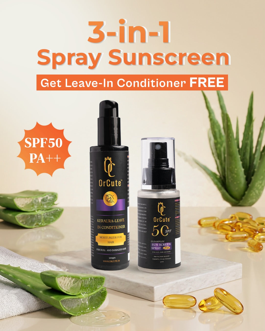 Orcute Summer Shield Duo – SPF 50 Sunscreen + Free Leave-In Conditioner