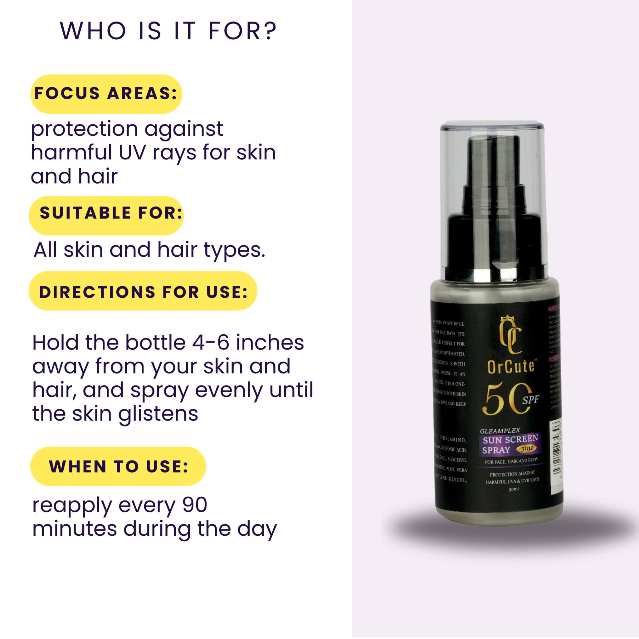 Gleamplex 3 in 1 Sunscreen SPF 50 PA++ spray for face, hair and body 50ml